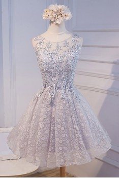 Short Grey Lace Tulle Homecoming Party Dress Sleeveless - MDS17019