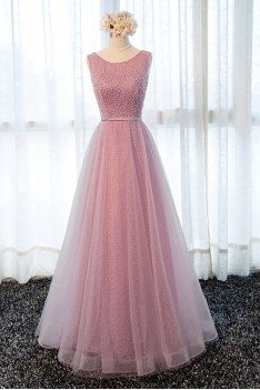 Gorgeous Rose Pink Long Beaded Formal Prom Dress With Tulle Beading - MDS17020