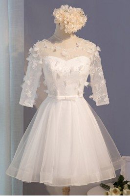 Modest Short Tulle Homecoming Party Dress With Petals Half Sleeves - MDS17021