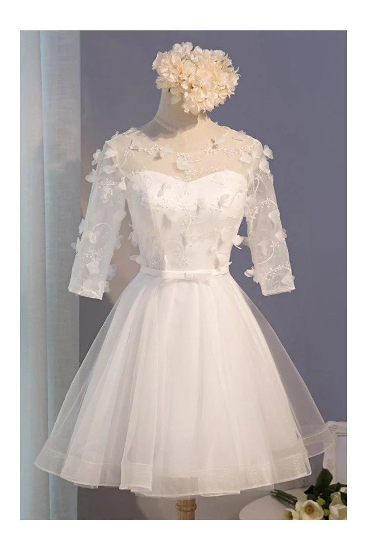 Modest Short Tulle Homecoming Party Dress With Petals Half Sleeves ...