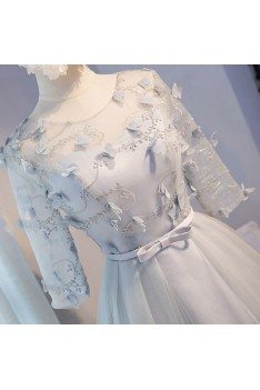 Modest Short Tulle Homecoming Party Dress With Petals Half Sleeves - MDS17021