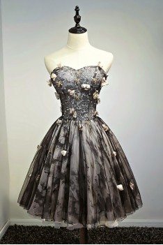 Unique Vintage Short Black Prom Homecoming Dress Ballgown With Flowers - MDS17022