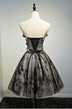 Unique Vintage Short Black Prom Homecoming Dress Ballgown With Flowers - MDS17022