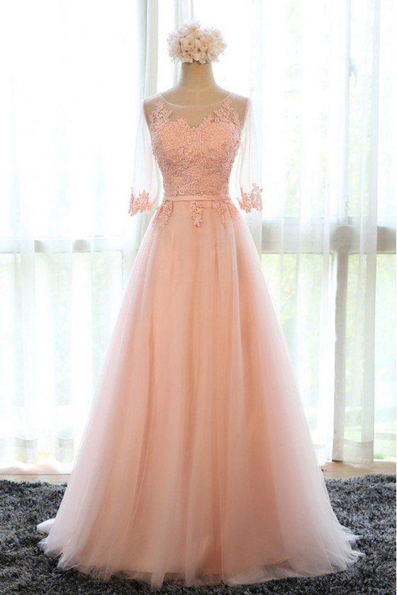 Beautiful Long Tulle Lace Prom Dress A Line With Tulle Half Sleeves - MDS17023