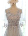 Beautiful Long Tulle Lace Prom Dress A Line With Tulle Half Sleeves - MDS17023