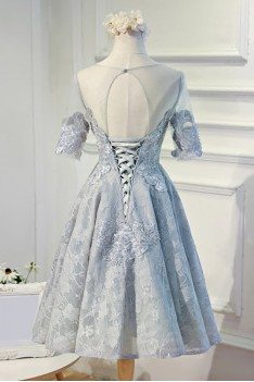 Vintage Round Neck Lace Short Formal Party Dress With Short Sleeves - MDS17027