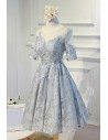 Vintage Round Neck Lace Short Formal Party Dress With Short Sleeves - MDS17027