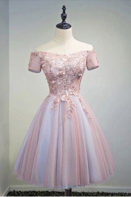 Unique Off Shoulder Pink Short Prom Party Dress With Lace Back - MDS17028