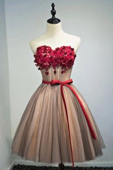 Unique Vintage Short Ballgown Prom Homecoming Dress With Flowers Sash - MDS17031