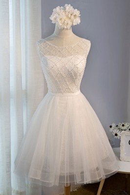 Classy Beaded White Short Party Dress Tulle Sleeveless - MDS17036