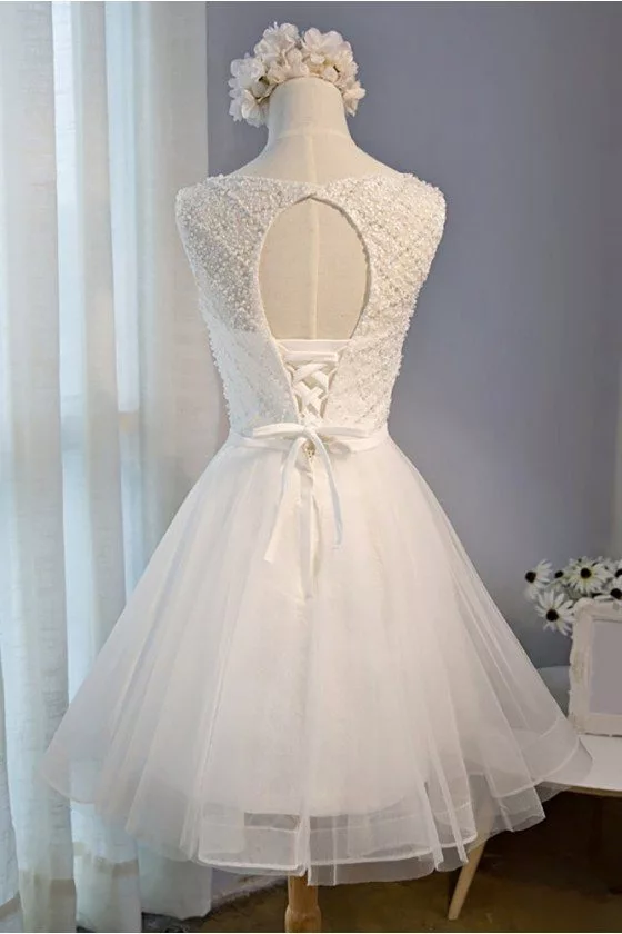 Classy Beaded White Short Party Dress Tulle Sleeveless - $108.9 # ...