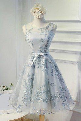 Grey Unique Lace Short A Line Party Dress With Sash - MDS17037