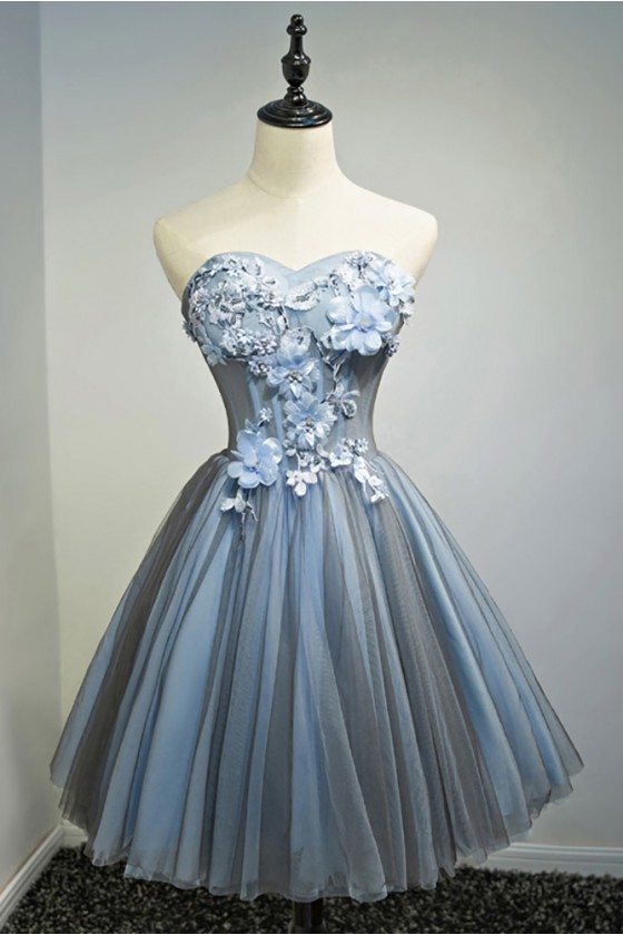 Unique Dusty Blue Sweetheart Ballgown Short Prom Party Dress With Flowers - MDS17038
