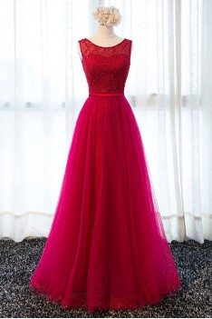 Classy Burgundy Beaded Long Tulle Formal Party Dress With Lace Back - MDS17039