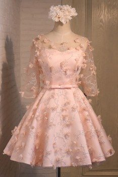 Beautiful Champagne Petals Short Formal Party Dress With Sleeves - MDS17040
