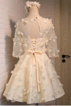 Beautiful Champagne Petals Short Formal Party Dress With Sleeves - MDS17040