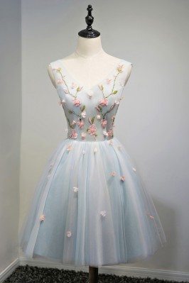 Unique V-neck Dusty Blue Tulle Short Prom Party Dress With Flowers - MDS17043