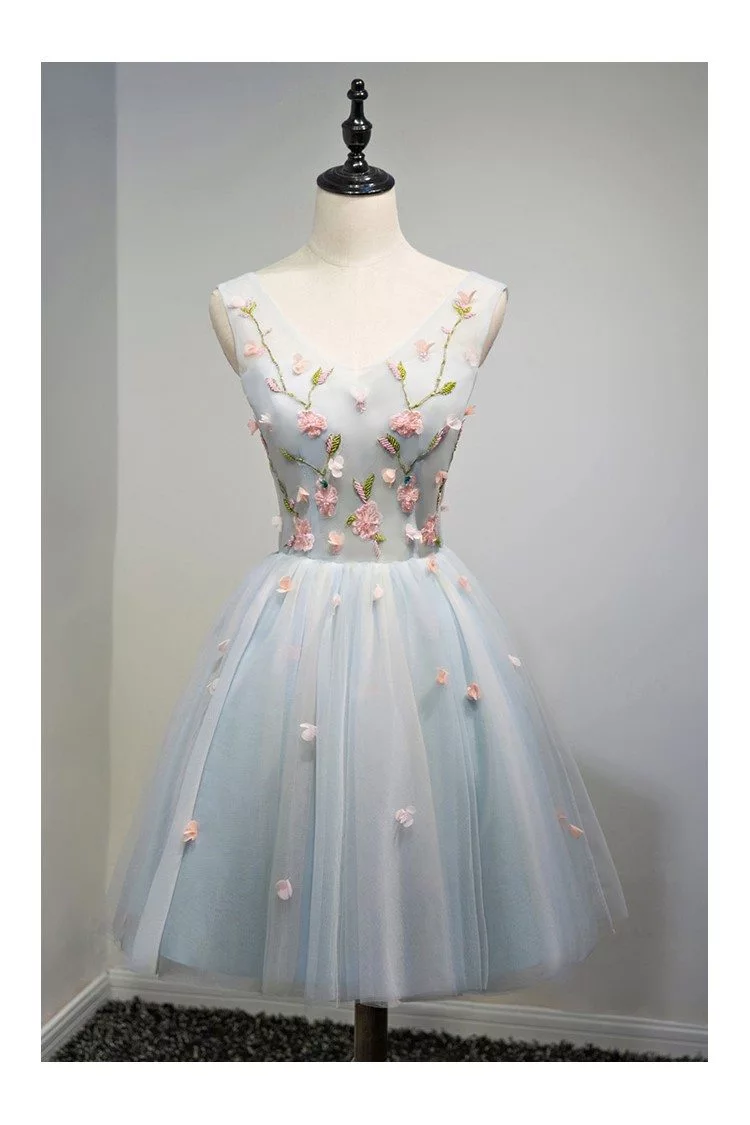 Unique V-neck Dusty Blue Tulle Short Prom Party Dress With Flowers ...