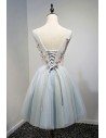 Unique V-neck Dusty Blue Tulle Short Prom Party Dress With Flowers - MDS17043