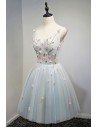 Unique V-neck Dusty Blue Tulle Short Prom Party Dress With Flowers - MDS17043