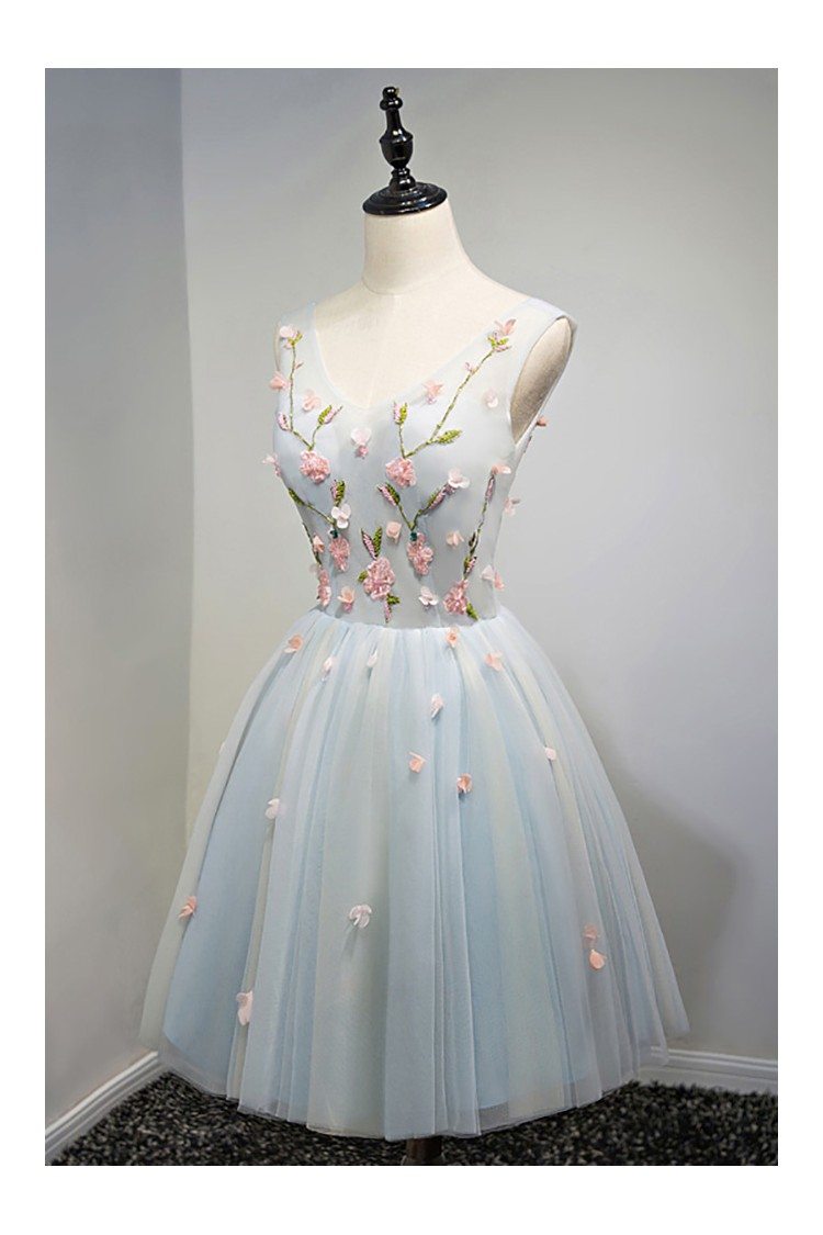 Unique V-neck Dusty Blue Tulle Short Prom Party Dress With Flowers ...