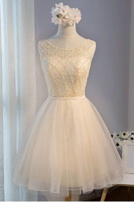 Classy Champagne Beaded Short Tulle Homecoming Party Dress Sleeveless - MDS17044