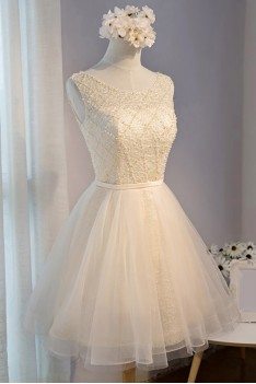 Classy Champagne Beaded Short Tulle Homecoming Party Dress Sleeveless - MDS17044