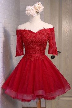 Red Lace Off The Shoulder Short Tulle Party Dress With Sleeves - MDS17045