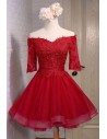 Red Lace Off The Shoulder Short Tulle Party Dress With Sleeves - MDS17045