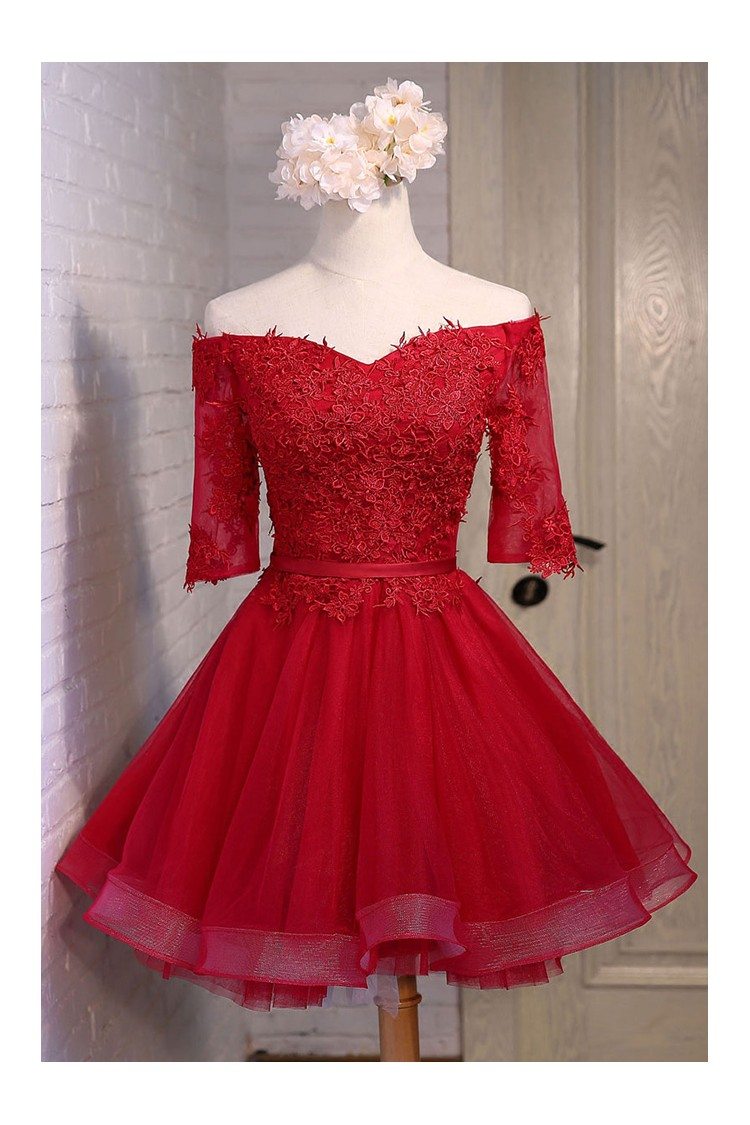 Short Off Shoulder Red Lace Bridal Party Dress - $109 #MYX18171 ...