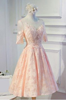 Modest Pink Lace Short Formal Party Dress With Sleeves - MDS17047