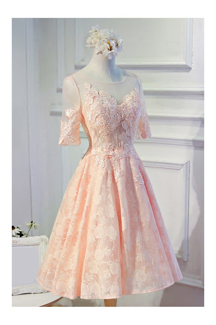 Modest Pink Lace Short Formal Party Dress With Sleeves - $129.8 # ...