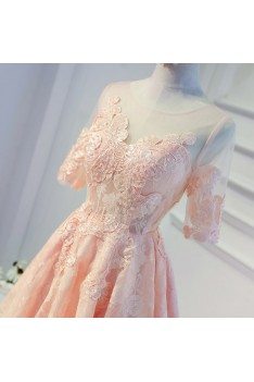 Modest Pink Lace Short Formal Party Dress With Sleeves - MDS17047