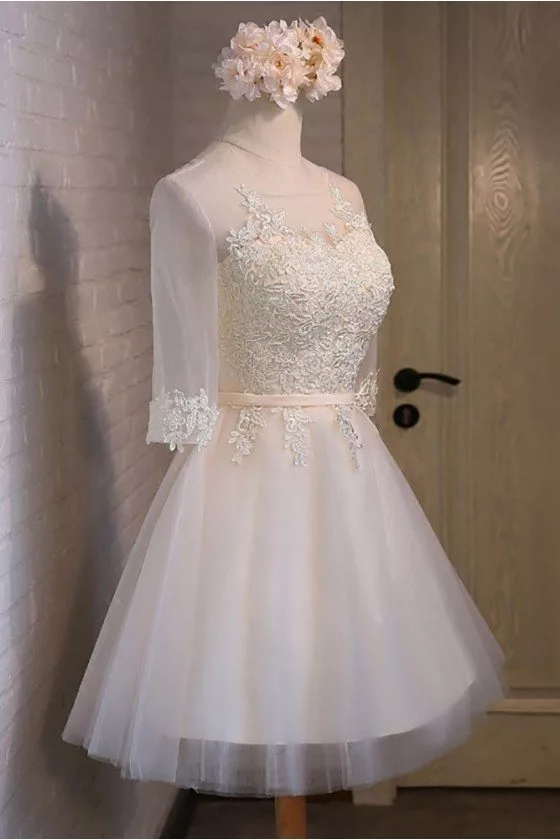 Modest Champagne Short Sleeve Homecoming Party Dress With Lace - $108.9 ...