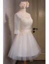 Modest Champagne Short Sleeve Homecoming Party Dress With Lace - MDS17052