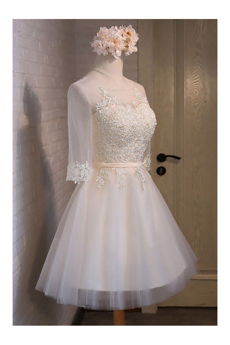 Modest Champagne Short Sleeve Homecoming Party Dress With Lace - $108.9 ...