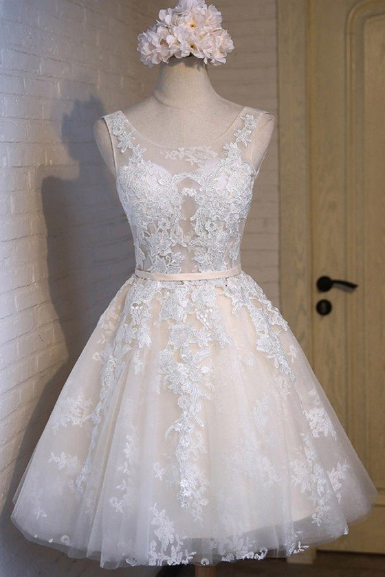 White With Champagne Lace Short Party Dress Sleeveless - MDS17059