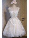 White With Champagne Lace Short Party Dress Sleeveless - MDS17059