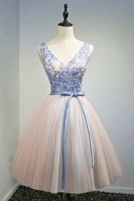 Unique Blue With Pink Short Formal Party Dress With Beading Sash - MDS17055