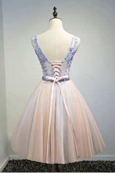 Unique Blue With Pink Short Formal Party Dress With Beading Sash - MDS17055