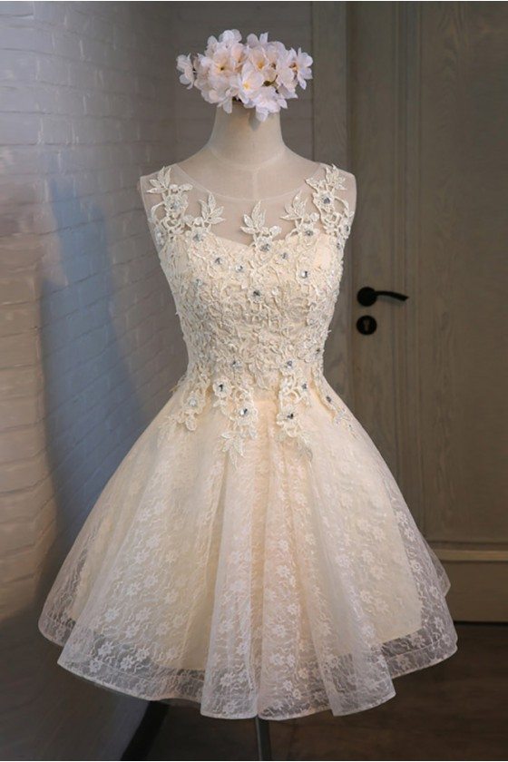 Vintage Champagne Beaded Lace Short Prom Party Dress Sleeveless - MDS17056