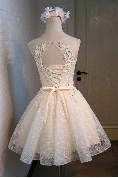 Vintage Champagne Beaded Lace Short Prom Party Dress Sleeveless - MDS17056