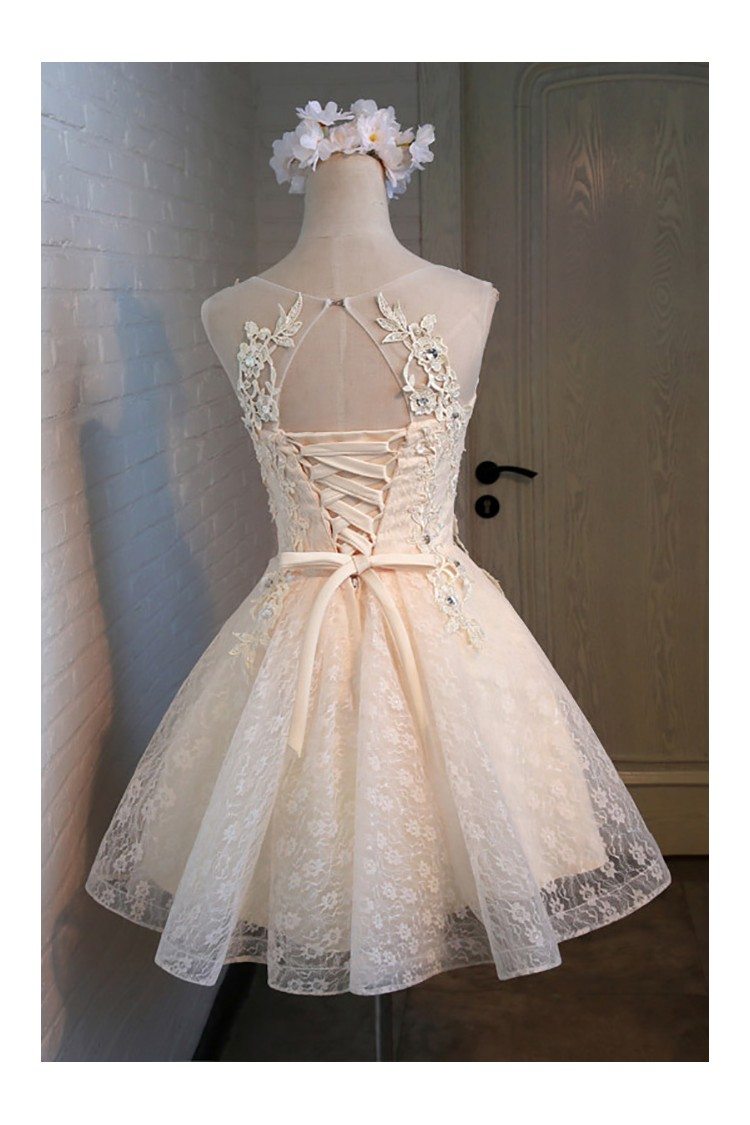 Vintage Champagne Beaded Lace Short Prom Party Dress Sleeveless - $129. ...