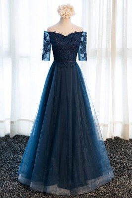Gorgeous Navy Blue Long Tulle Prom Dress Off The Shoulder Sleeves - MDS17057
