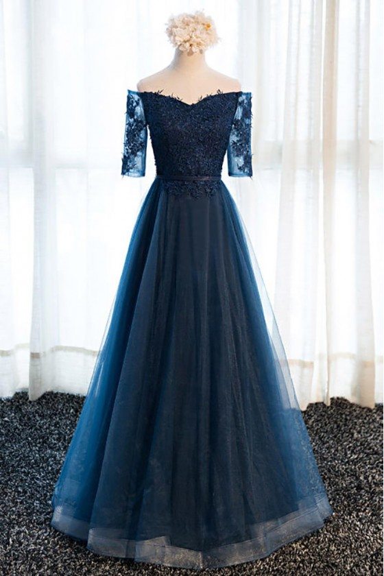 navy blue off the shoulder prom dress