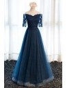 Gorgeous Navy Blue Long Tulle Prom Dress Off The Shoulder Sleeves - MDS17057