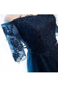 Gorgeous Navy Blue Long Tulle Prom Dress Off The Shoulder Sleeves - MDS17057