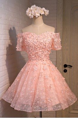 Cute Pink Off The Shoulder Short Lace Homecoming Party Dress With Sleeves - MDS17064