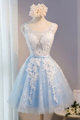 Gorgeous White With Blue Short Formal Party Dress With Lace Sleeveless - MDS17065