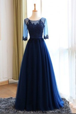 Classy Navy Blue Long Formal Party Dress A Line With Sleeves - MDS17066